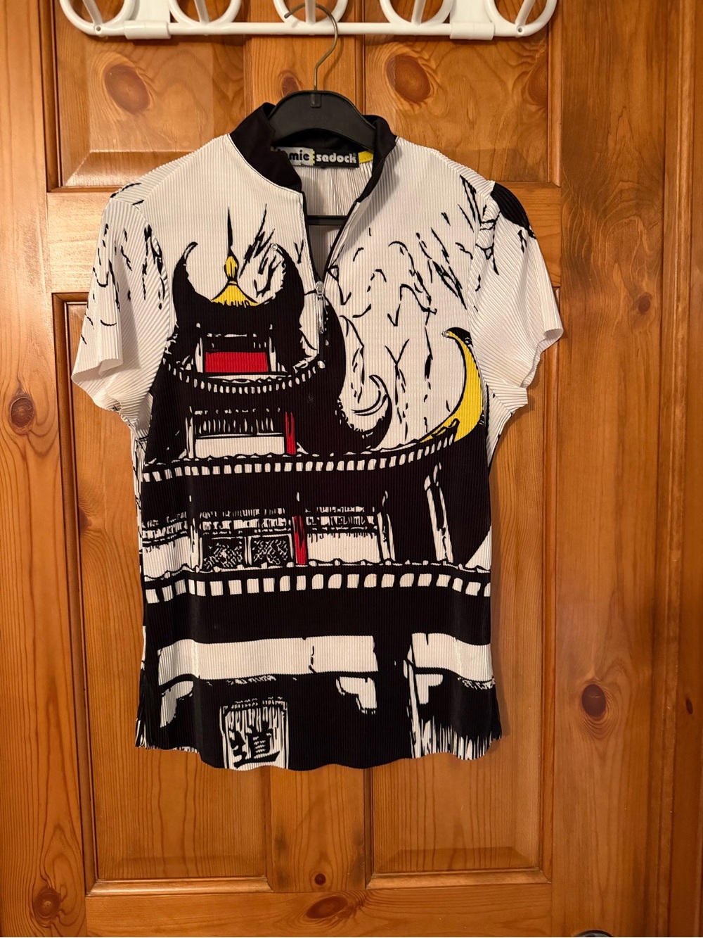 jamie sadock Black and White Zip-Front Graphic Top with Yellow Trim